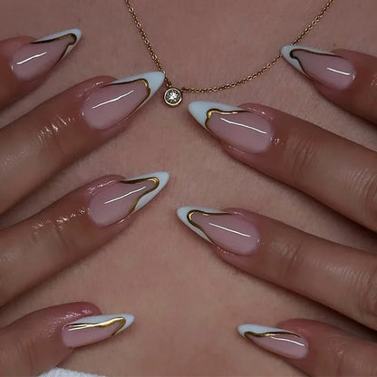 24Pcs Long Almond Fake Nails with White Edge Design Wearable French Press on False Nails Simple Full Cover Nail Tips Manicure