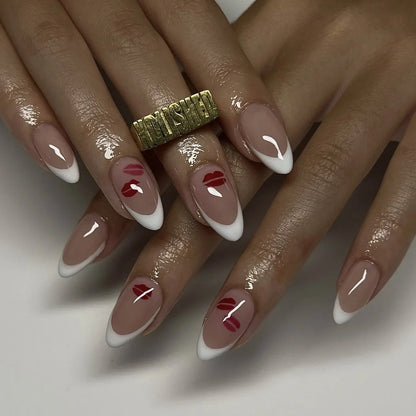 24pcs French Simple Fake Nails Ins White Edge Nude Color False Nail Tips Almond Stick on Nail Patch for Girl Lady Manicure Tools