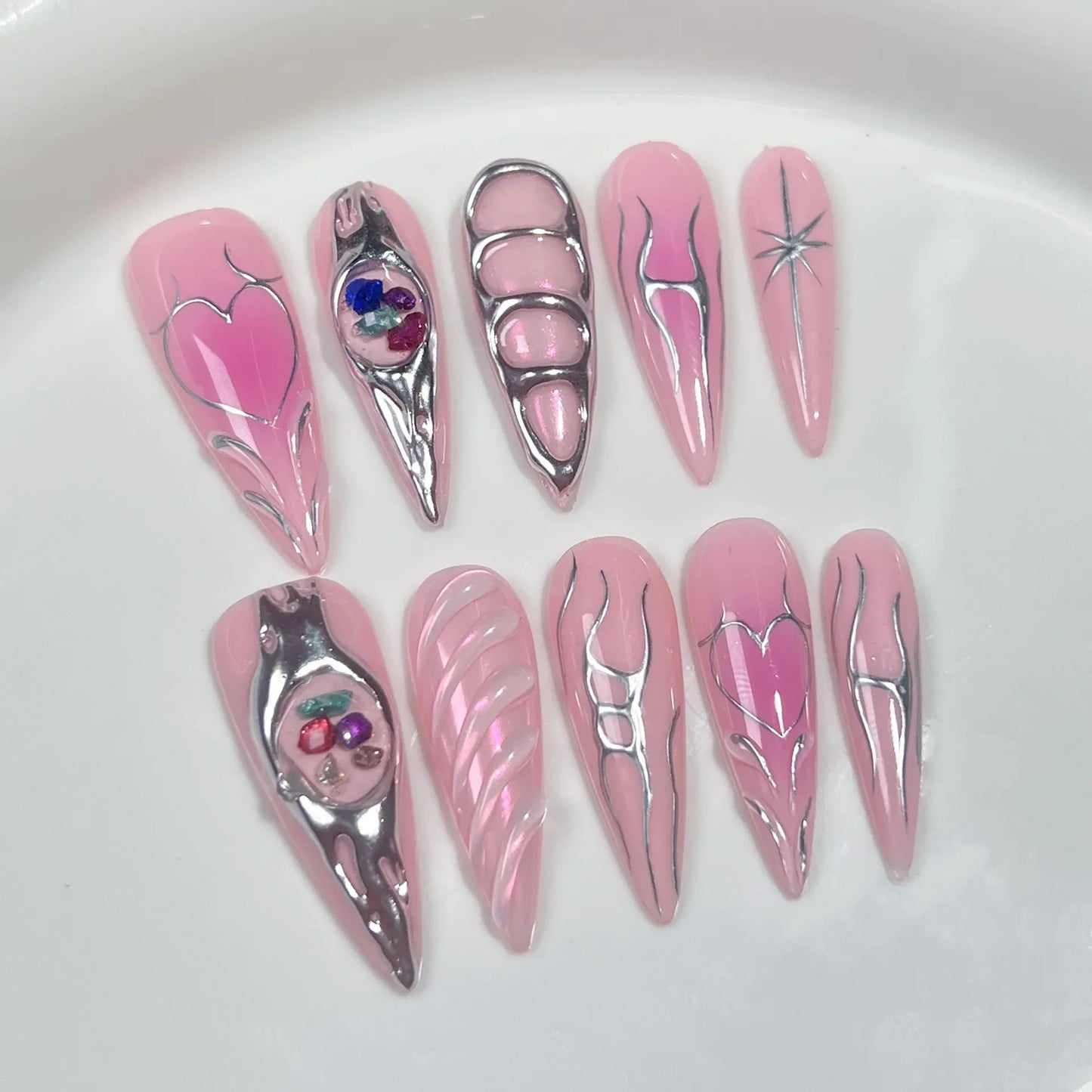 10pcs Stiletto Almond Press On Nails Dark Blue Cat Eye y2k False Nails With 3D Design Artifical Detachable Full Cover Nail Tips