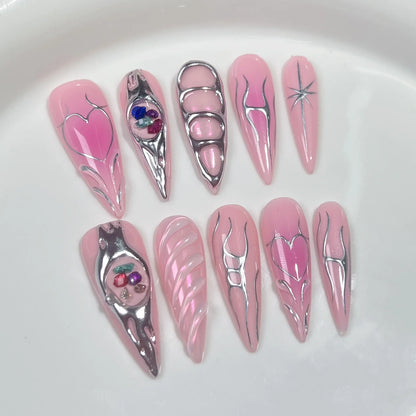 10pcs Stiletto Almond Press On Nails Dark Blue Cat Eye y2k False Nails With 3D Design Artifical Detachable Full Cover Nail Tips