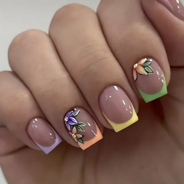 24pcs/box Glossy Short Square Fake Nails Colorful French Tip Press On Nails Flower Pattern Spring Summer False Nails For Women