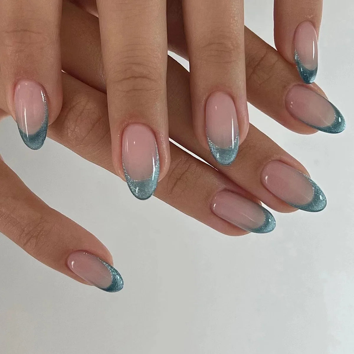 24Pcs Long Almond Fake Nails with White Edge Design Wearable French Press on False Nails Simple Full Cover Nail Tips Manicure
