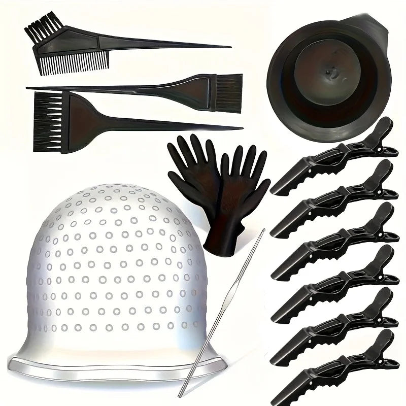 Barber Professional Hair Dyeing Cap with Metal Hook Gloves Color Mixing Brush Bowl Tools Hair Coloring Accessories Salon