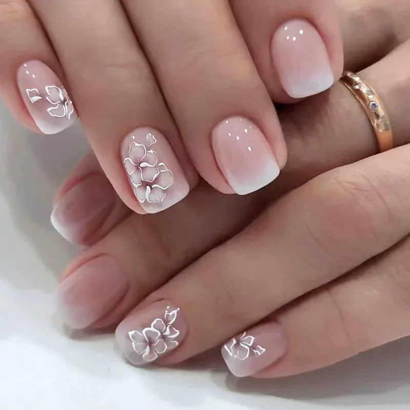 Glossy Press on Nails Set Short Oval Shiny Gradient French Nail Art Design Reusable Full Cover Fake Nails with Glue for Girls