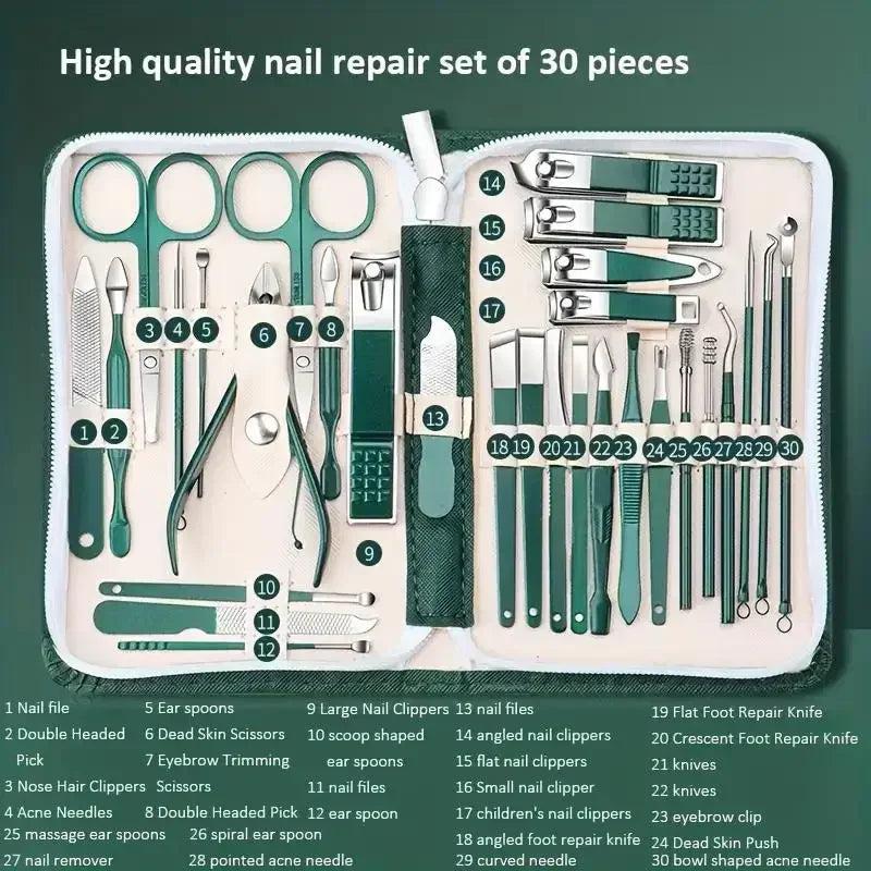 30pcs Professional Stainless Steel Nail Clipper Set Green Nail Tools Manicure  Pedicure Set of 30pcs Travel Grooming Kit
