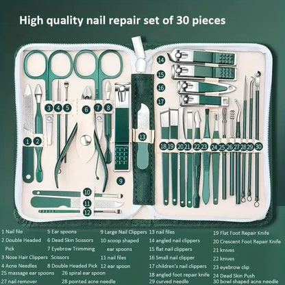 30pcs Professional Stainless Steel Nail Clipper Set Green Nail Tools Manicure  Pedicure Set of 30pcs Travel Grooming Kit