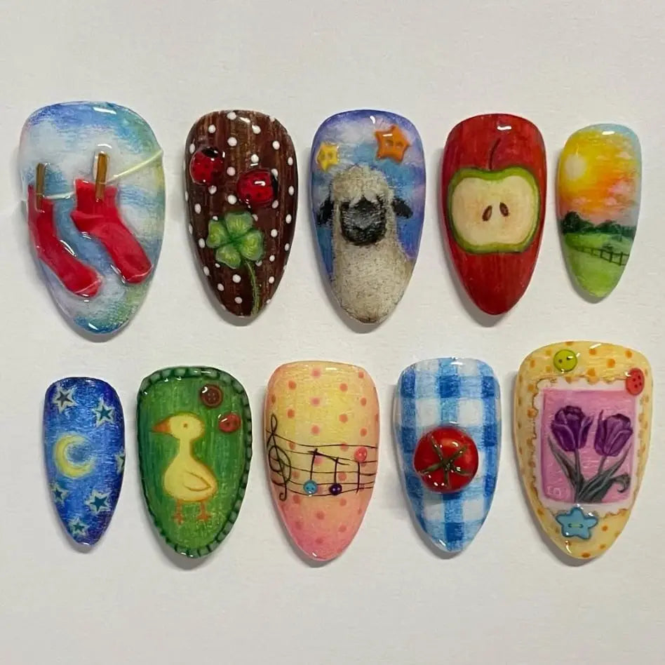 24pcs Cute Cartoon Fake Nail Tips Oil Painting Series Printed Almond Press On Nail Sweet Cool Charming False Nail For Spicy Girl