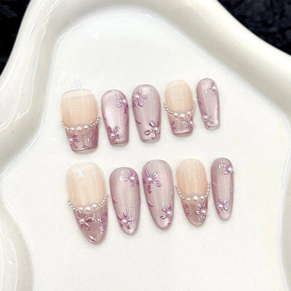 10pcs Handmade Purple Cat Eye Press on Nails Summer Flowers Pearl Design Fake Nails Wearable Detachable Glitter False Nail Tips