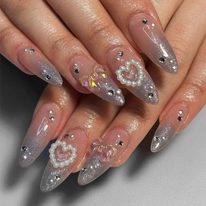 24Pcs Elegant Black Almond Press-On Nail With Pearl Heart&Bow Accents-Glossy Finish Short Length Removable False Nails For Women