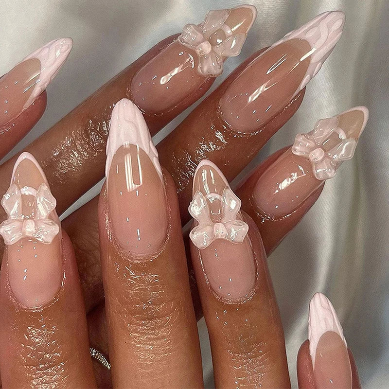 24Pcs Brown Plaid Press on Nails French Bow Spring False Nail Medium Almond Fashion Atmosphere Wearable Nail for Women&Girl