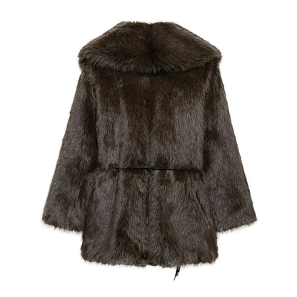 Women's Belt Decoration Collar Solid Color Medium Long Coat Autumn/Winter New Long Sleeve Loose Coat