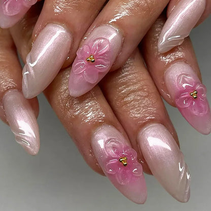 24pcs Sweet Pink Fake Nail Patches Blush 3D Bows Flower Pearl Buttertfly Press On Nails Wearable Almond Korean False Nail Tips