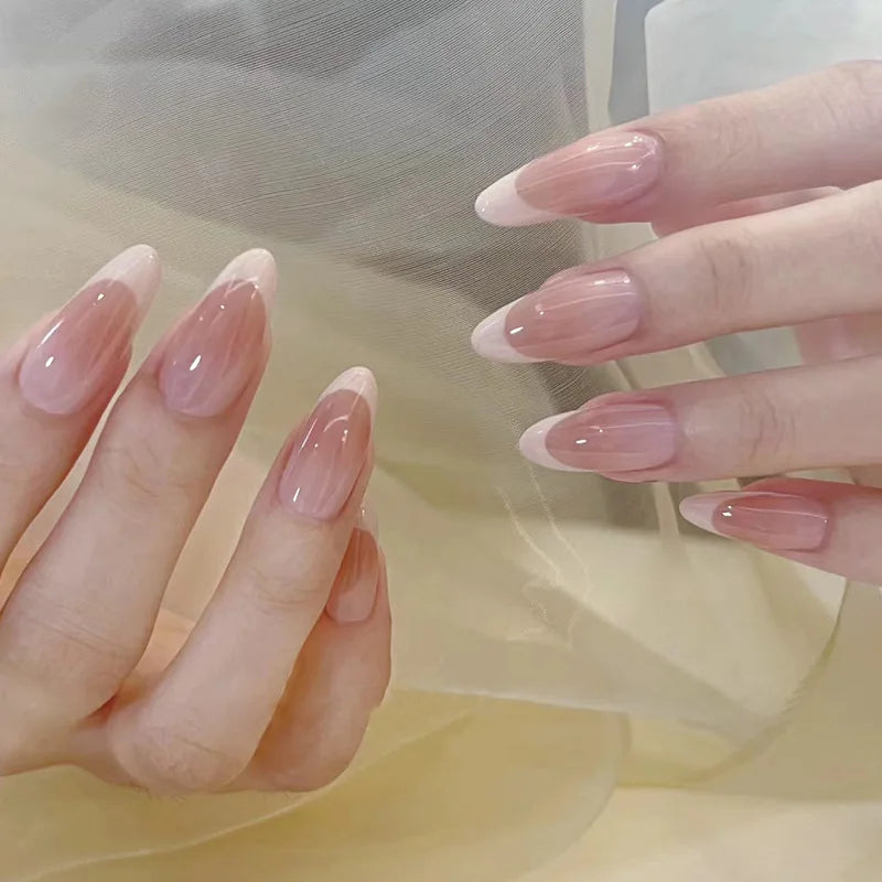 24Pcs White Almond False Nails Ballet with French Design Wearable Fake Nails Gradient Simple Full Cover Press on Nail Tips Art