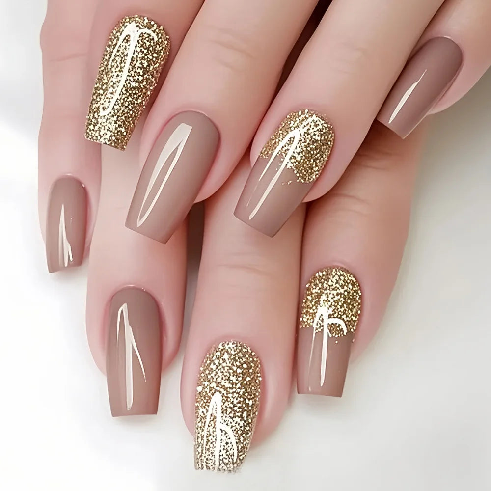 Short Medium long fake nails for women golden green pink blue sparkling glitter french tips ballet square almond press on nails
