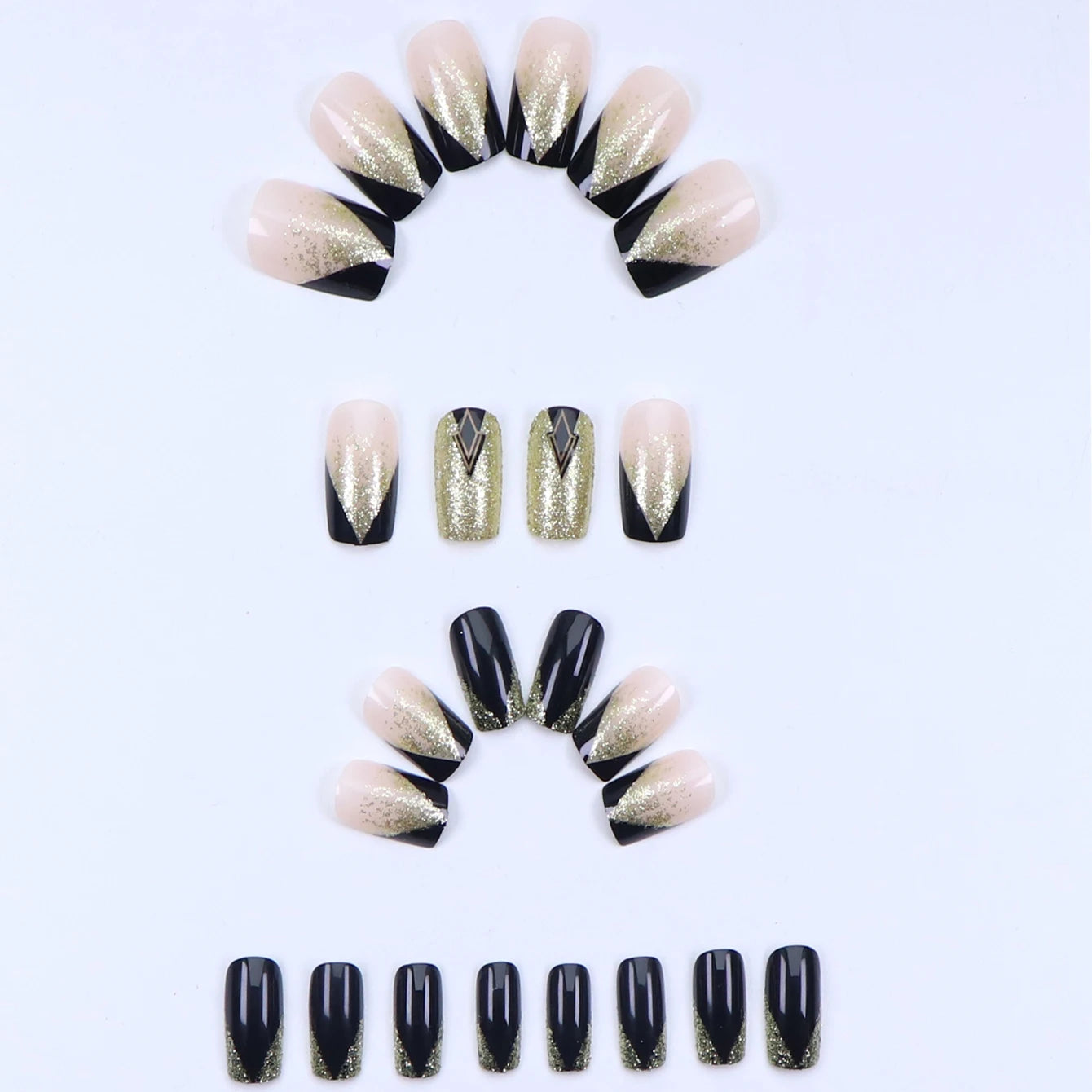 24PCS Short Square Black Gold Fake Nail Tip French Sparkling Acrylic Full Coverage Fake Nails Suitable For Women And Girls