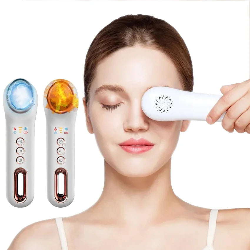 Masajeador ocular portátil con vibración y función de frío y calor, recargable por USB.