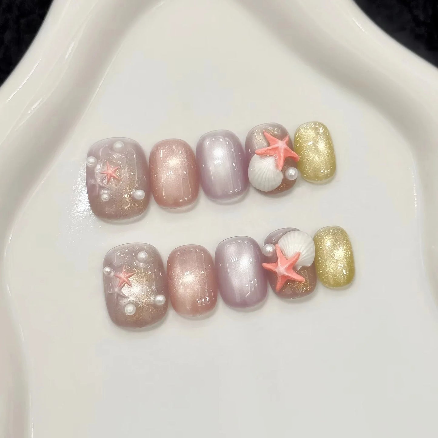 10pcs Short Oval Shaped Press-On Nails - Color Block Stripes & Star Designs Glossy Mix-and-Match False Nails for Women and Girls