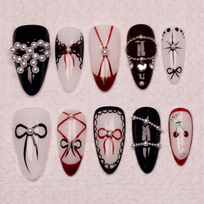 10Pcs Handmade Manicure Medium Almond Fake Nails Unique 3D New Cut bow Flowers Press On Nails Design with Adhesive Nail File Set