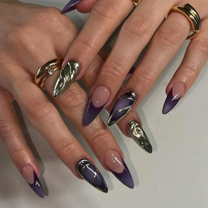 24pcs Sliver Spider Design Fake Nail Halloween Gothic Punk False Nail Tips Wearable European Heavy Metal Almond Press on Nails
