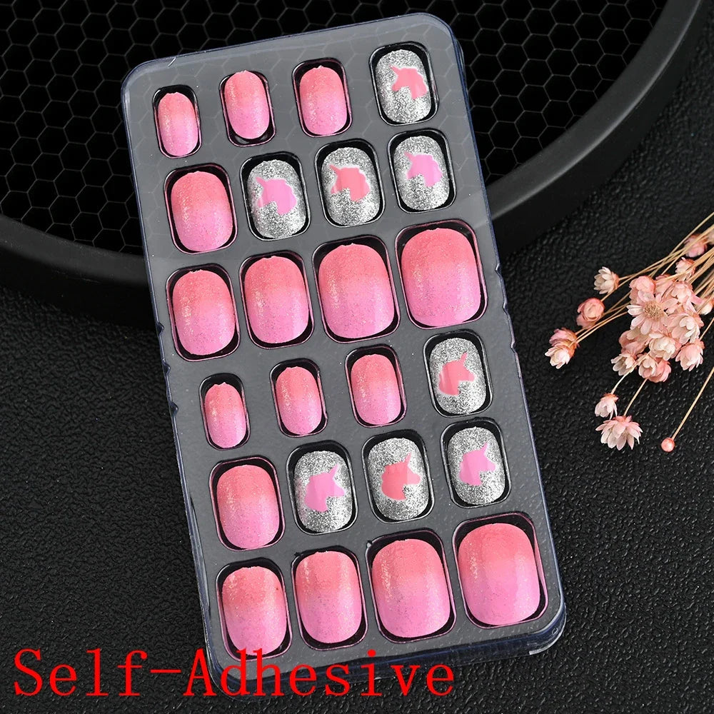 12pcs/Box Children Acrylic Fake Nails Safe Non-Toxic Adhesive Fake Nail DIY Artificial Fingernails for Girls Children's Day Gift