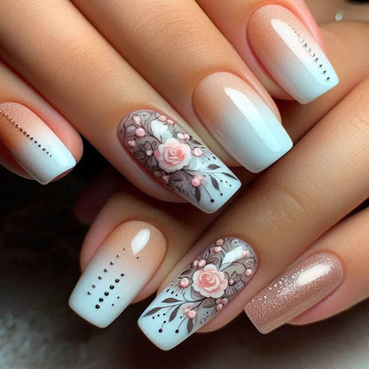 24pcs Green Fields Press on False Nail with Glue Glitter French Square Fake Nail Full Cover Nature Design Wearable Manicure Nail