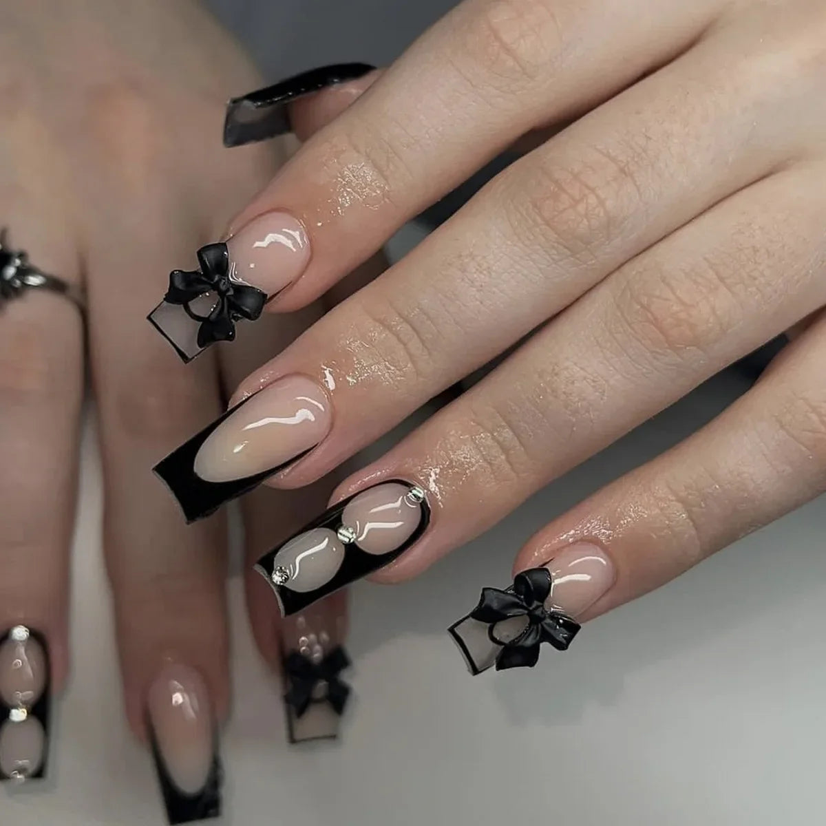 24pcs Long Ballet Press On Nails Black Cross Strap French Style Fake Naile With 3D Bowknot Decor Korean Reusable False Nail Tips
