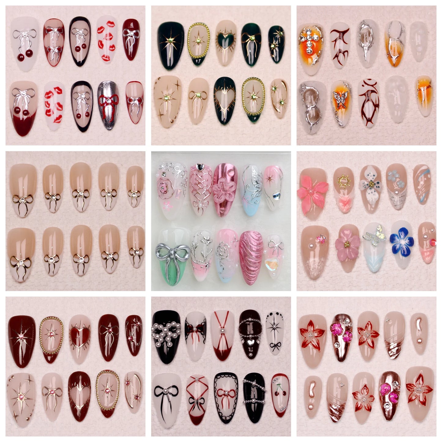 10Pcs Handmade Manicure Medium Almond Fake Nails Unique 3D New Cut bow Flowers Press On Nails Design with Adhesive Nail File Set