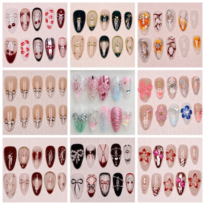 10Pcs Handmade Manicure Medium Almond Fake Nails Unique 3D New Cut bow Flowers Press On Nails Design with Adhesive Nail File Set