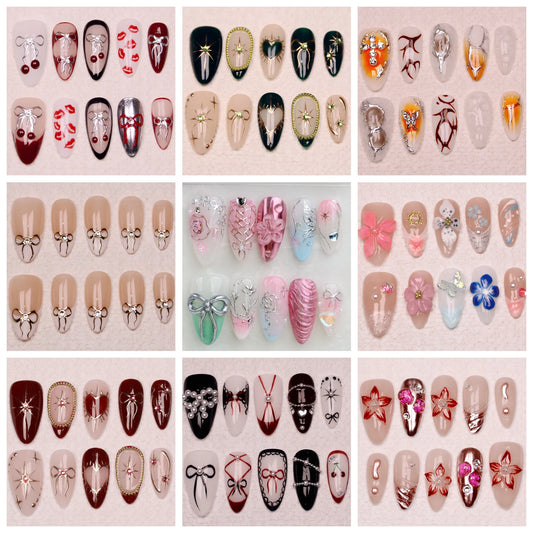 10Pcs Handmade Manicure Medium Almond Fake Nails Unique 3D New Cut bow Flowers Press On Nails Design with Adhesive Nail File Set