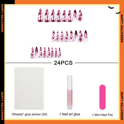 24pcs Blood Splatter Press-On Nails Set Almond-Shaped Long Length Glossy Finish Red and White Faux Nail Kit for Women Halloween