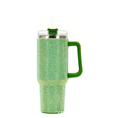 Diamond encrusted car cup coffee insulated cup 1200ml handle stainless steel straw Ice king cup portable insulated water bottle