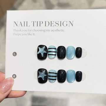 10PCS Blue Cat Eye Handmade Short Square Round Press on Nails Sweet Cool Star Stripes Patterns French Wearable Fake Nails Patch