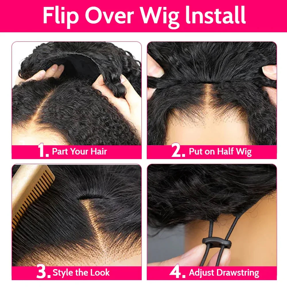 16 Inch 3 IN 1 Half Wig With Drawstring Seamless Human hair Wigs Kinky Curly Headband Wig Upgrade for Women Summer Machine Wigs