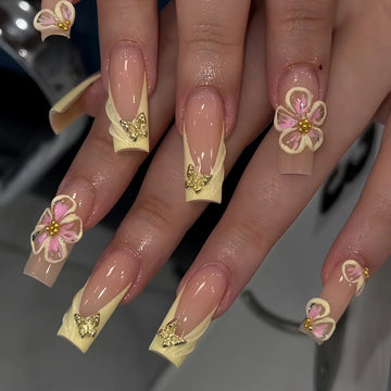 24pcs Fresh Long Coffin Fake Nails Yellow French Style Flower Printed Metal Butterfly Designs Press On Nails Summer False Nail
