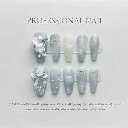 10Pcs Handmade Press on Nails Long Ballet Blue Fake Nails with 3D Ocean Moon Rhinestone Design False Nails Full Cover Nail Tips