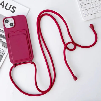Soft Silicone Crossboby Lanyard Rope Fall Prevention Phone Case for IPhone 16 15 Pro Max 14 Plus 13 12 11 Card Slot Holder Cover