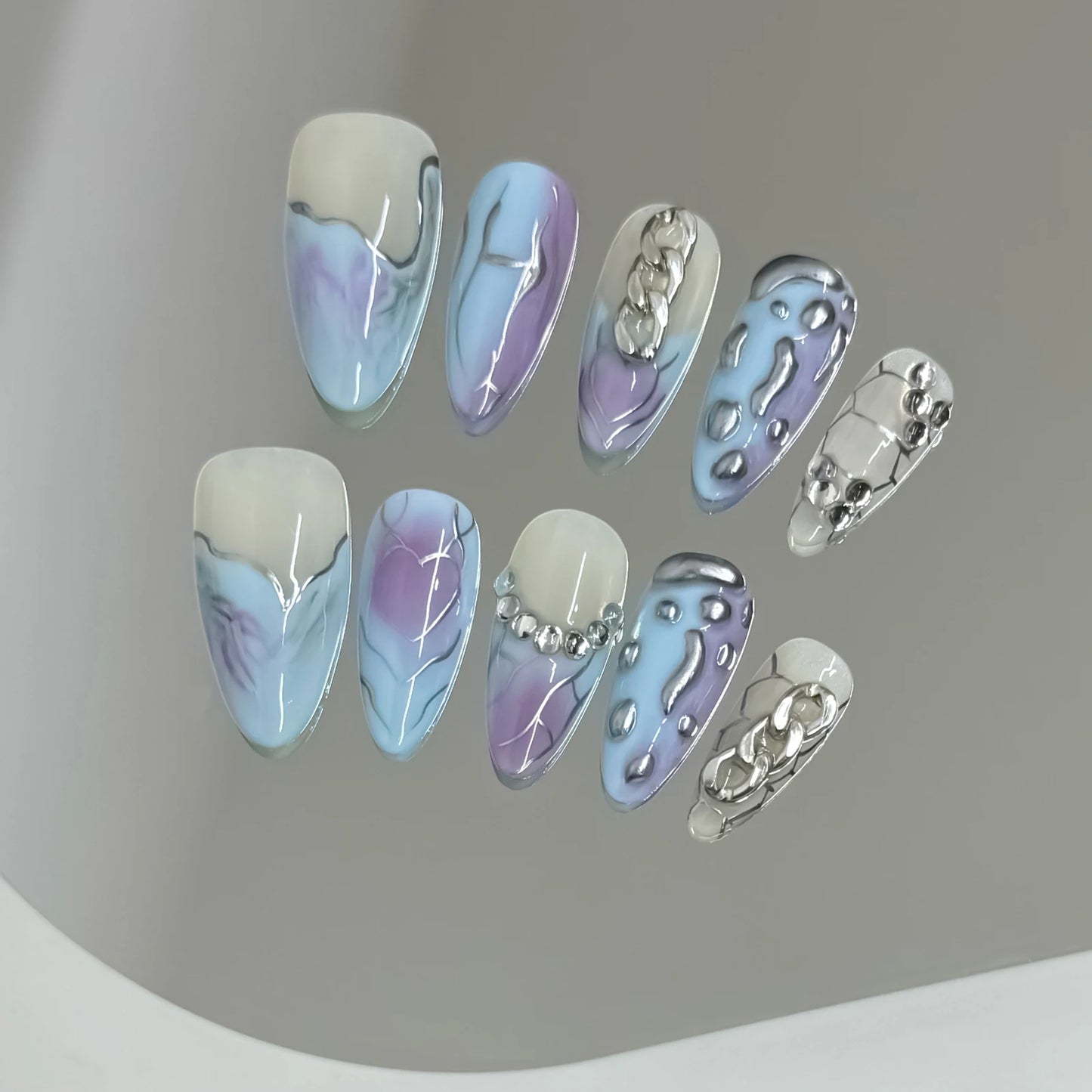 10pcs Handmade Press On Nails Baroque Bowknot Design False Nails Wearable Crystal Red French Almond Shaped Fake Nail Tips