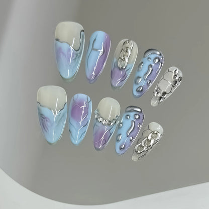 10pcs Handmade Press On Nails Baroque Bowknot Design False Nails Wearable Crystal Red French Almond Shaped Fake Nail Tips