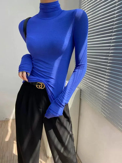 Korean style standing collar long sleeved T-shirt, high collar bottom shirt, women's slim fit slightly transparent top