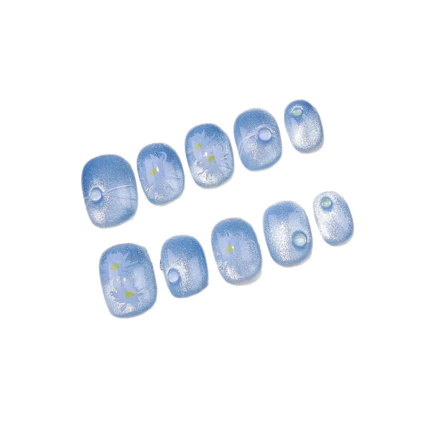 10pcs/set Handmade Press-On Nails - Blue Glossy Fish & Bubbles Design Short Oval Fake Nails with Cat Eye Effect False Nails