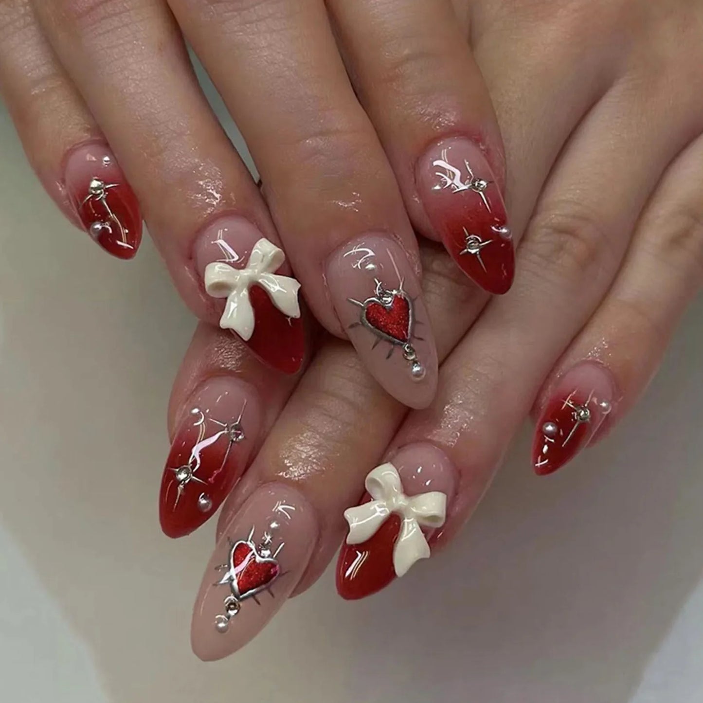 24pcs Pink Fake Nail Patch Sweet Korean Style False Nails Full Cover Wear White Bow Decortive Press on Nails for Girls Women