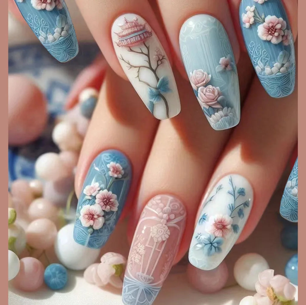 24Pcs Cute Square Stick on Fake Nail with Cartoon Panda Flower Pattern French Nail Art Acrylic Detachable Fashion False Nail Tip