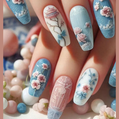 24Pcs Cute Square Stick on Fake Nail with Cartoon Panda Flower Pattern French Nail Art Acrylic Detachable Fashion False Nail Tip