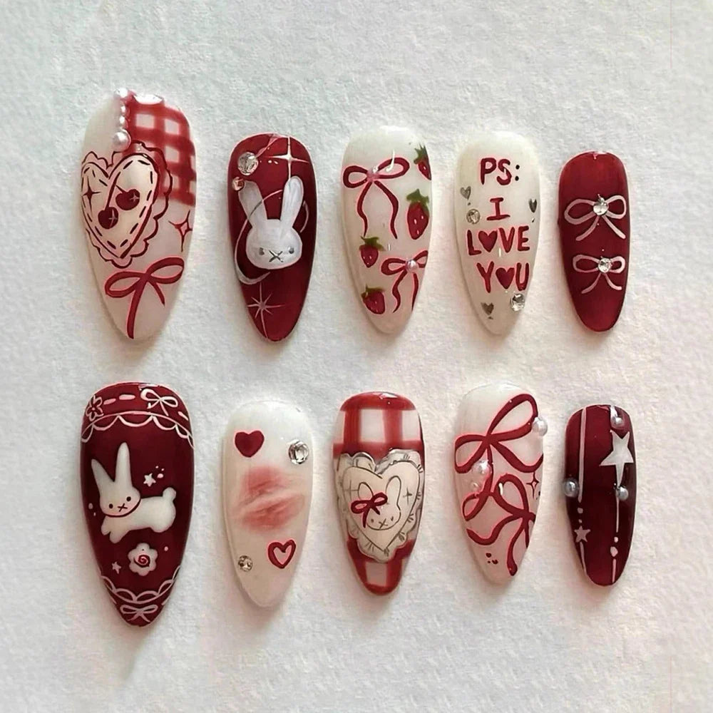 30Pcs Butterfly Cartoon Rabbit Press on Nails Medium Almond Fake Wine Red Almond Rhinestone Pearl Design DIY Fingernails Y2K