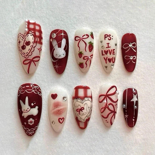 30Pcs Butterfly Cartoon Rabbit Press on Nails Medium Almond Fake Wine Red Almond Rhinestone Pearl Design DIY Fingernails Y2K