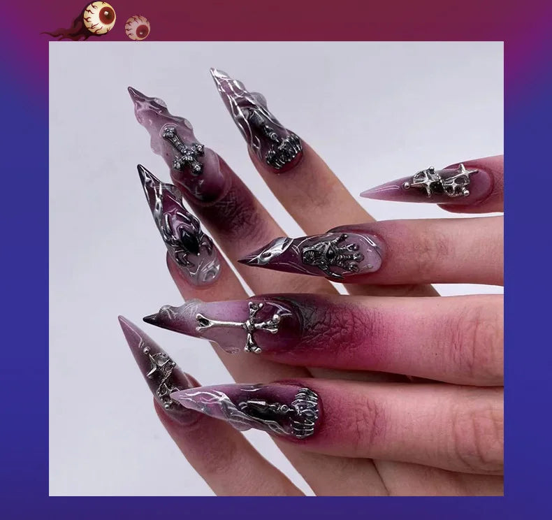 Halloween Cool Spice Style Spider Skull False Nails Purple Halo Dyeing Detachable Finished Fake Nails Press on Nail with Glue