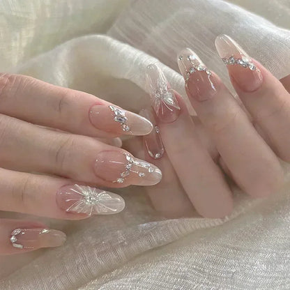 24Pcs White Almond False Nails Ballet with French Design Wearable Fake Nails Gradient Simple Full Cover Press on Nail Tips Art