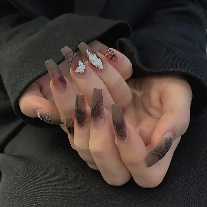 24Pcs Gold French Border False Nails Long Coffin False Nails with Rhinestones Ballerina Full Cover Nail Tips Press on Nails