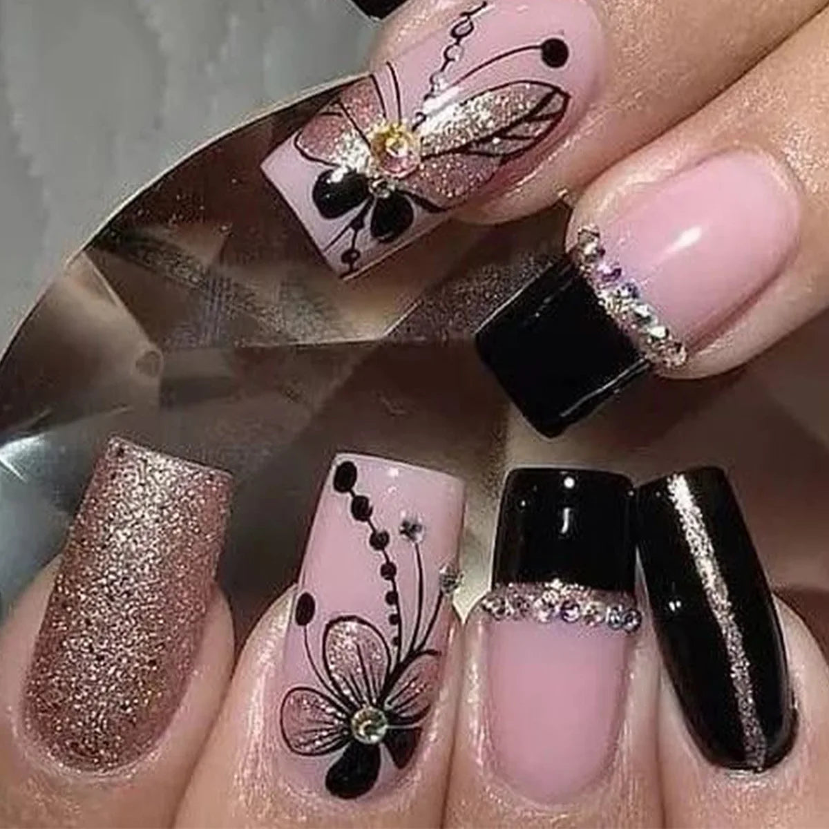 24pcs Press on Nails Flower Design Mid-length Ballet False Nail Fashion Brown Full Cover Manicure Tips Datachable Fake Nails Set