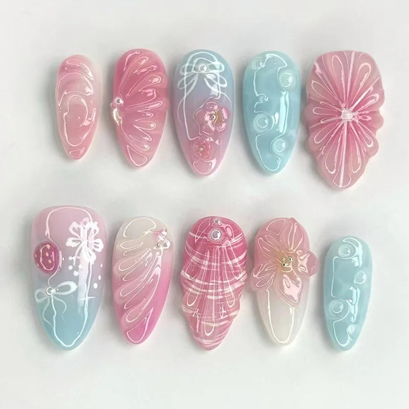 24pcs Mid-length Almond Press on Nails Sets Wearable Gradient Pink Flower Pearl Design False Nail French Fake Nail Finished Tips